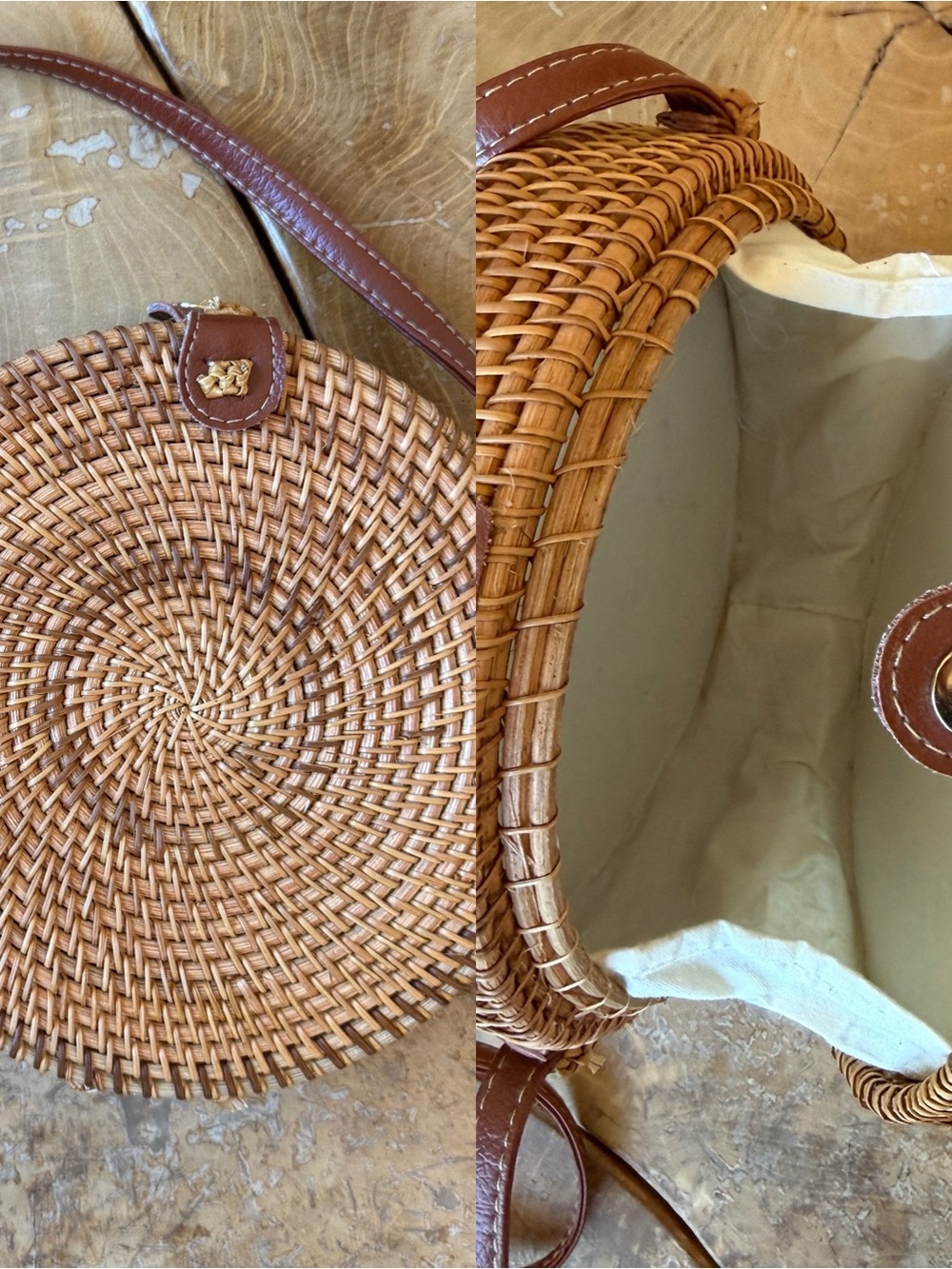 Round rattan purse with off-white fabric inside. Great condition.
